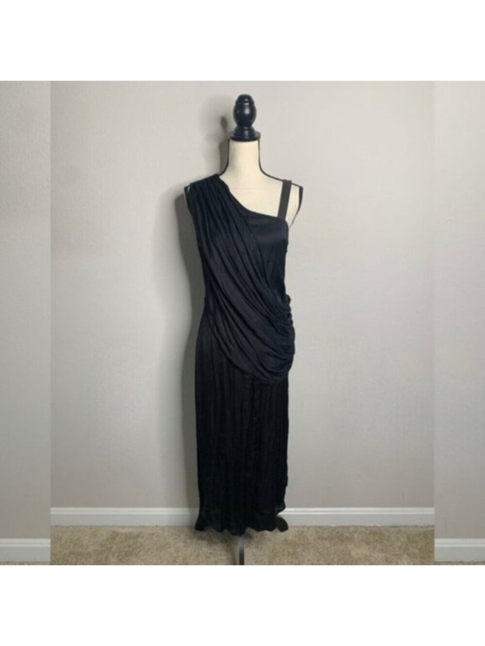 Nicholas K Black One-Shoulder Draped Satin Midi Dress - Picture 4 of 17